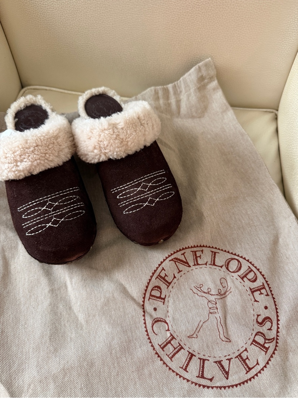 Penelope Chilvers Brown Suede Shearling Cuff Mules